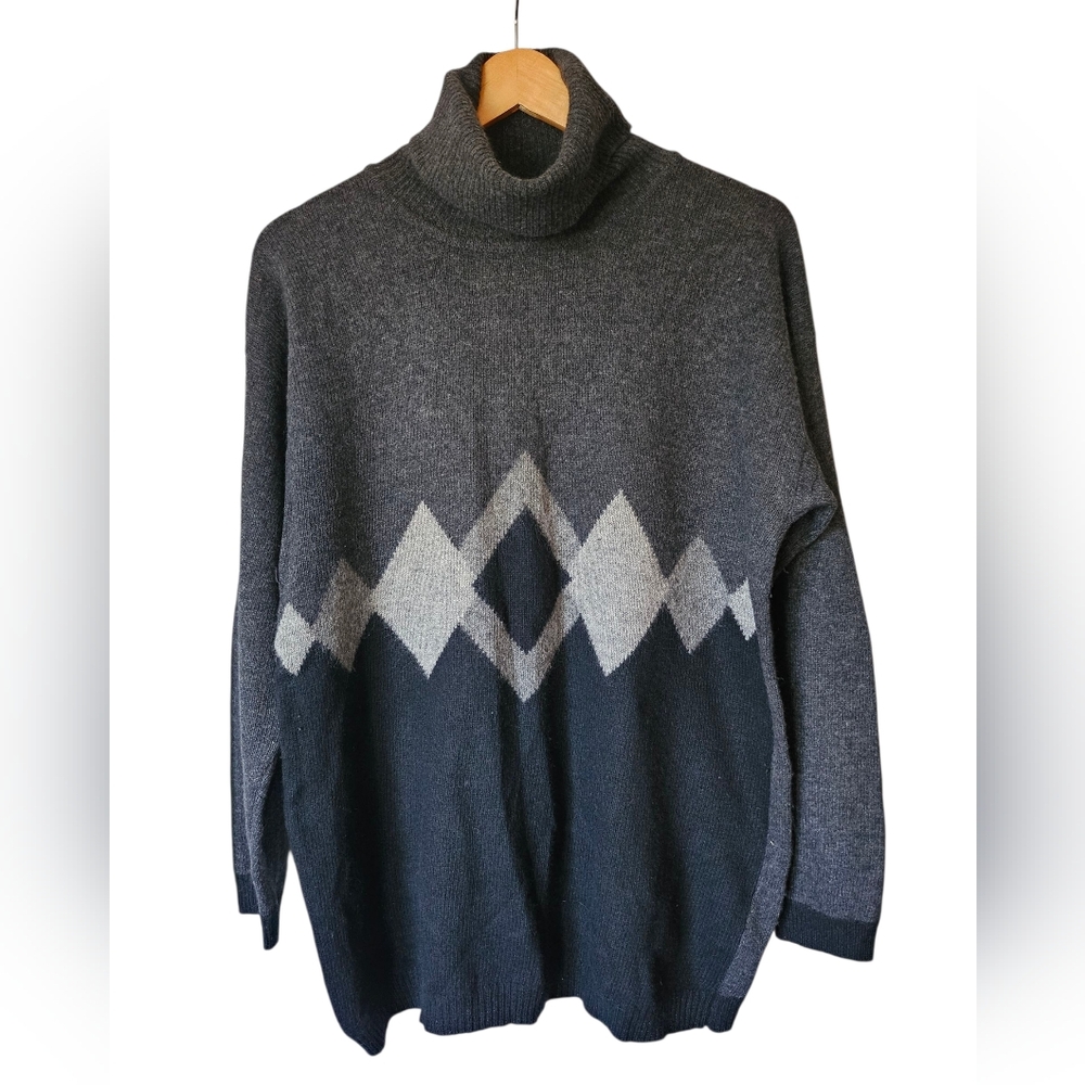 Summit Hill Cozy Gray Argyle Lambswool Angora Turtleneck Sweater, Size S